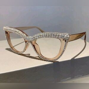 New Cat Eye Shape Clear Glasses W/ Rhinestone Studded Frame